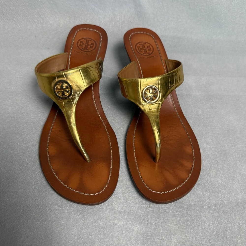 Tory Burch Miller Wedge Sandals Gold Metallic Croc Embossed Logo 8M